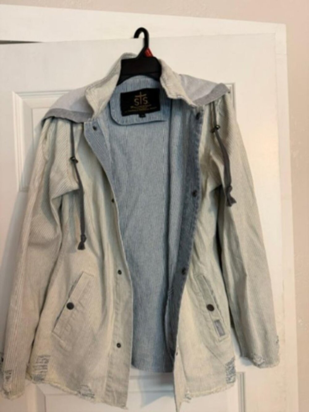 STS Ranchwear Hooded Hickory Stripe Denim Jacket - Size M (Distressed / Western)